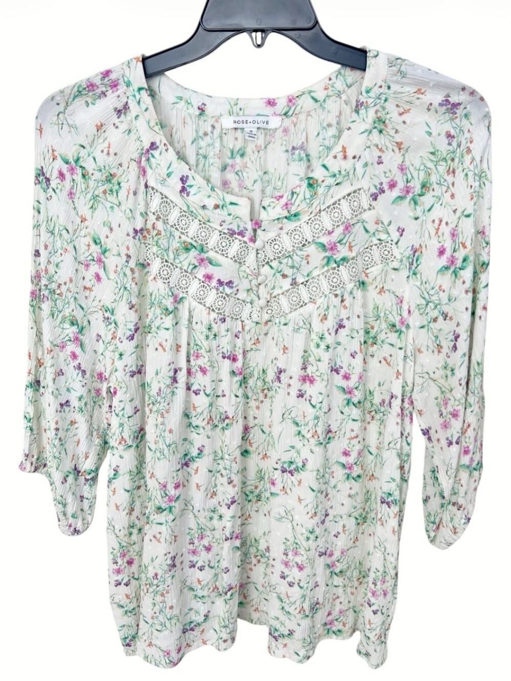 Rose + Olive Blouse Womens Sz 1X Boho Ivory Floral Lace Trim Swiss Dot 3/4 Slv